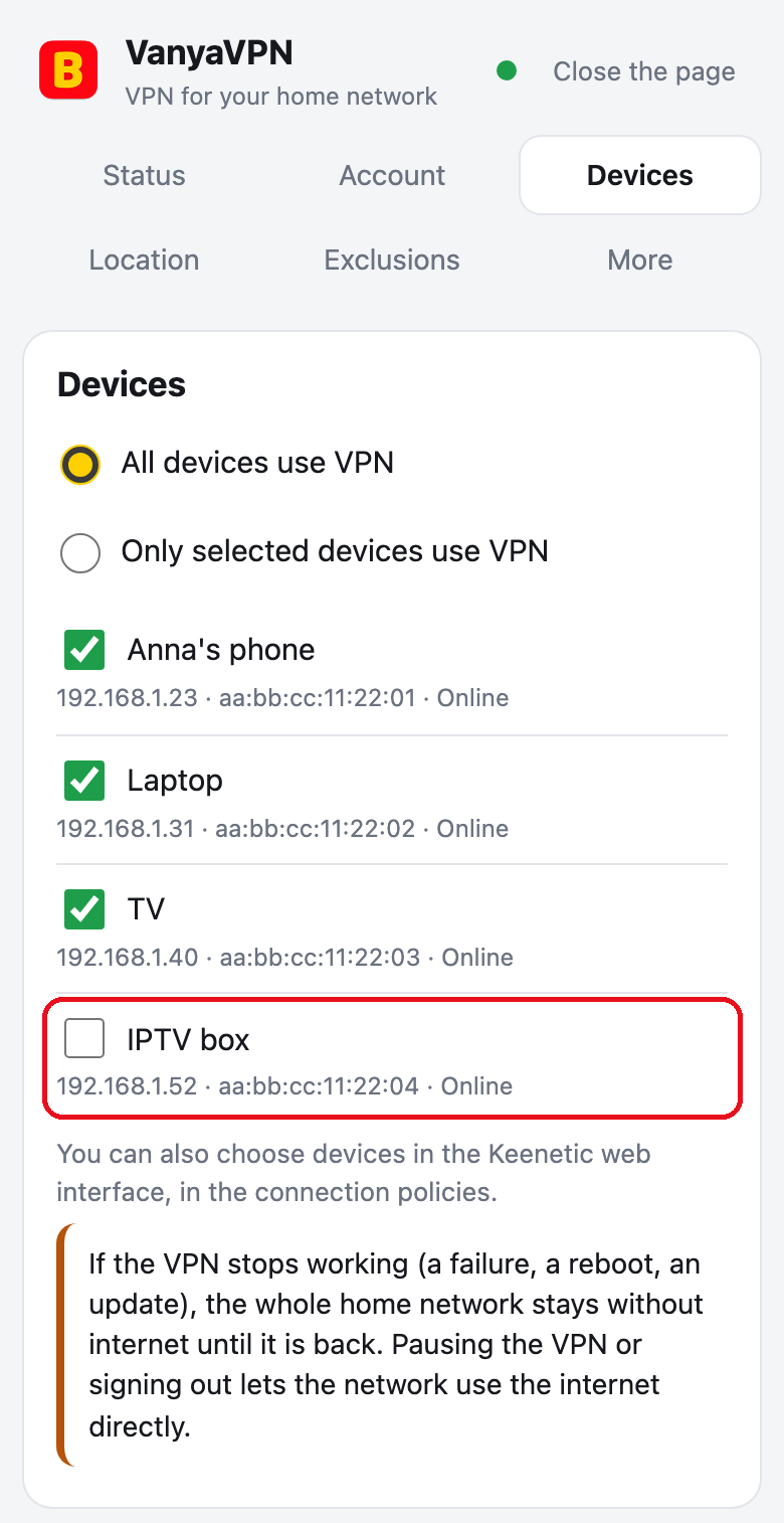 Router page, Devices tab in the mode for all devices. The unticked IPTV box, which goes online directly, is circled