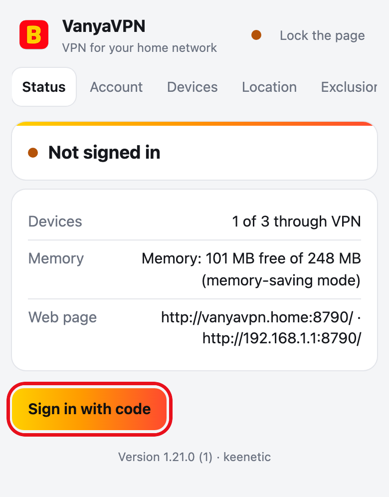 Router page, Status tab saying Not signed in. The Sign in with code button is circled