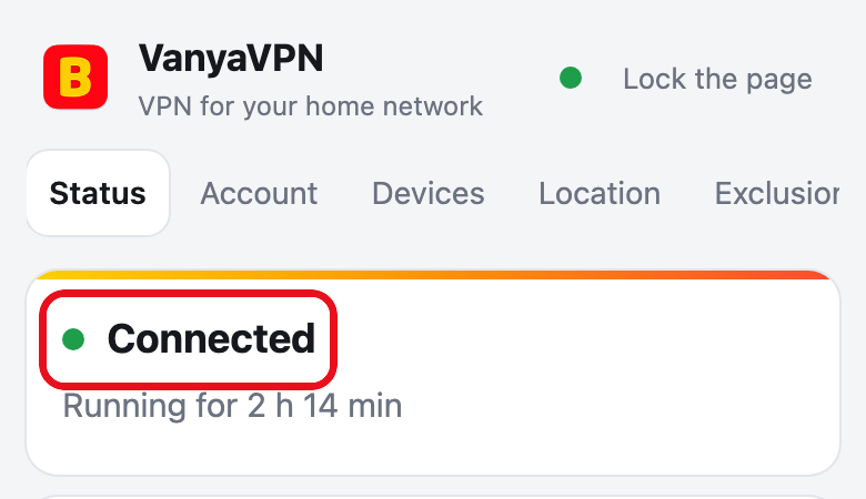 Router page, Status tab saying Connected